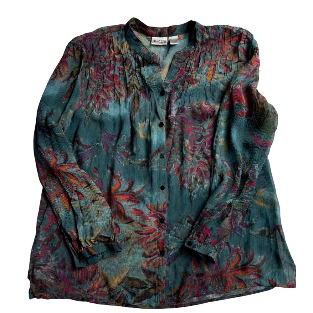 Chico's Teal Floral 100% Silk Button-Down Sheer Blouse with Multicolor Print